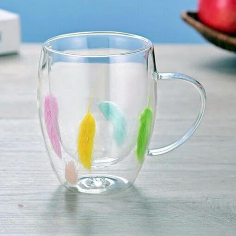 Borosilicate Glass Double Wall Mug with Colorful Feathers